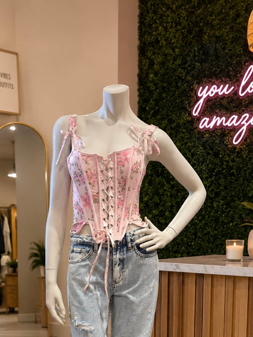 Floral Lace-Up Corset Top