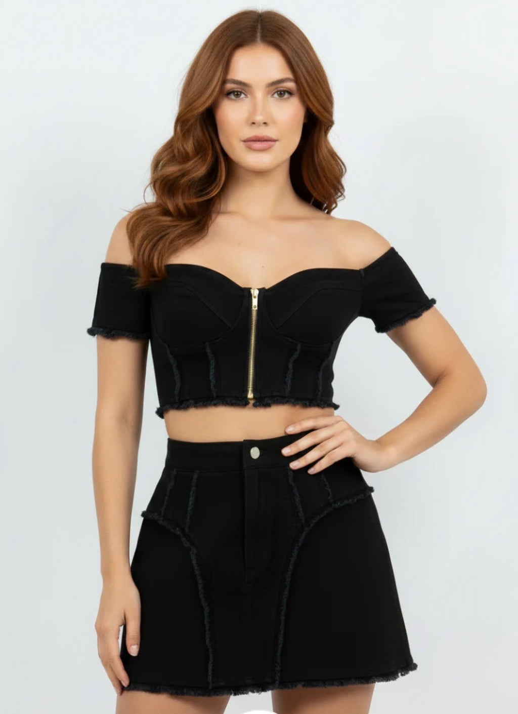 Sage frayed-edge denim two-piece set