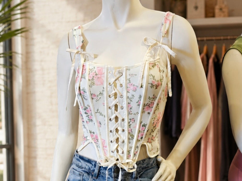 Floral Lace-Up Corset Top