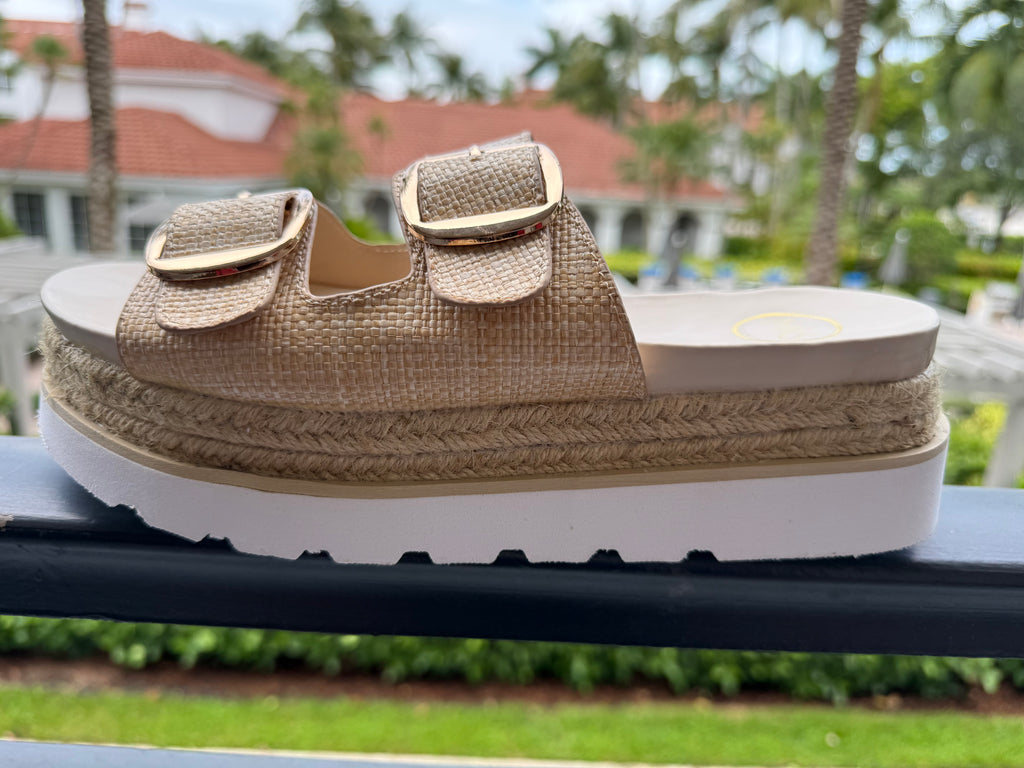 Gold Raffia Platform Buckle Sandals