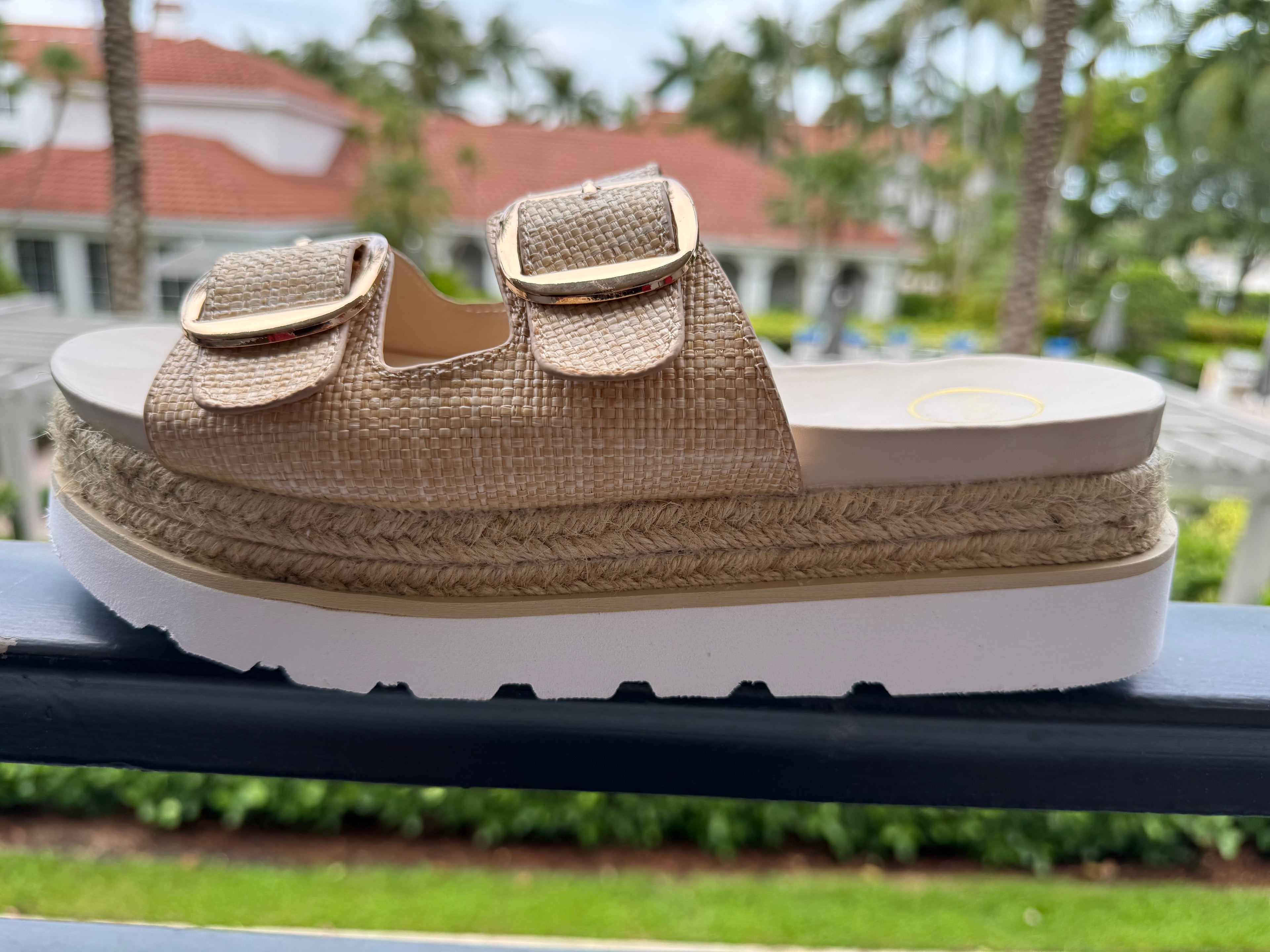 Gold Raffia Platform Buckle Sandals