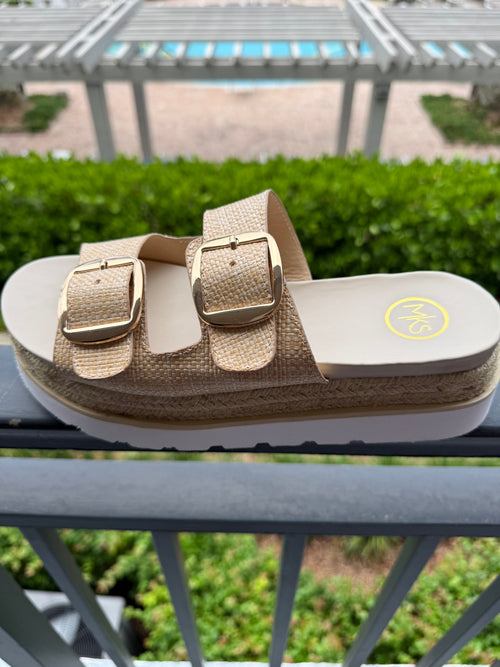 Gold Raffia Platform Buckle Sandals