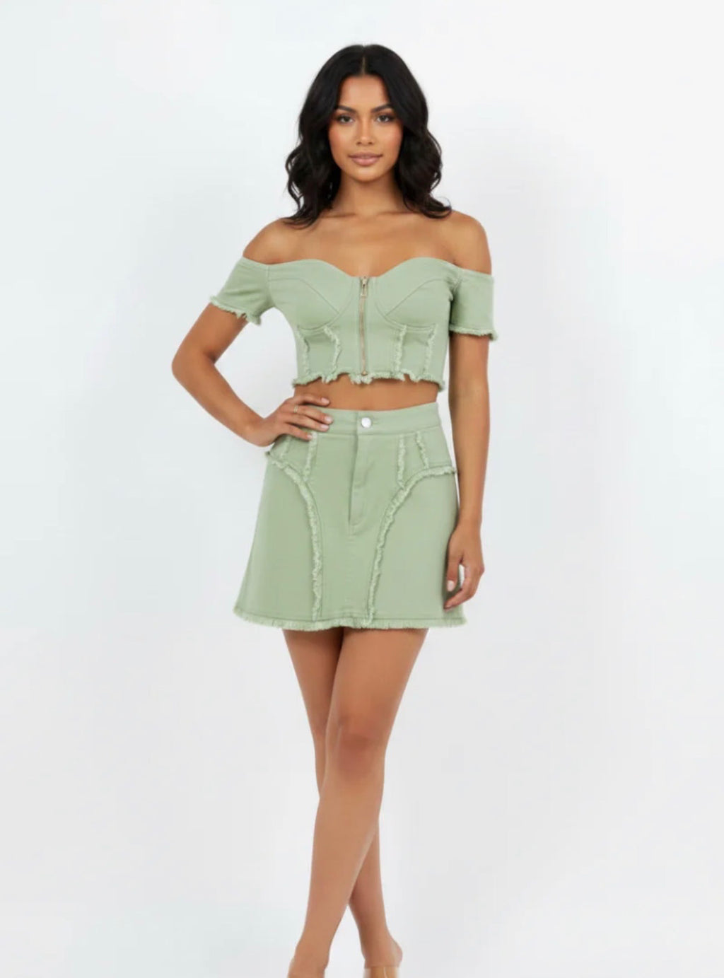 Sage frayed-edge denim two-piece set