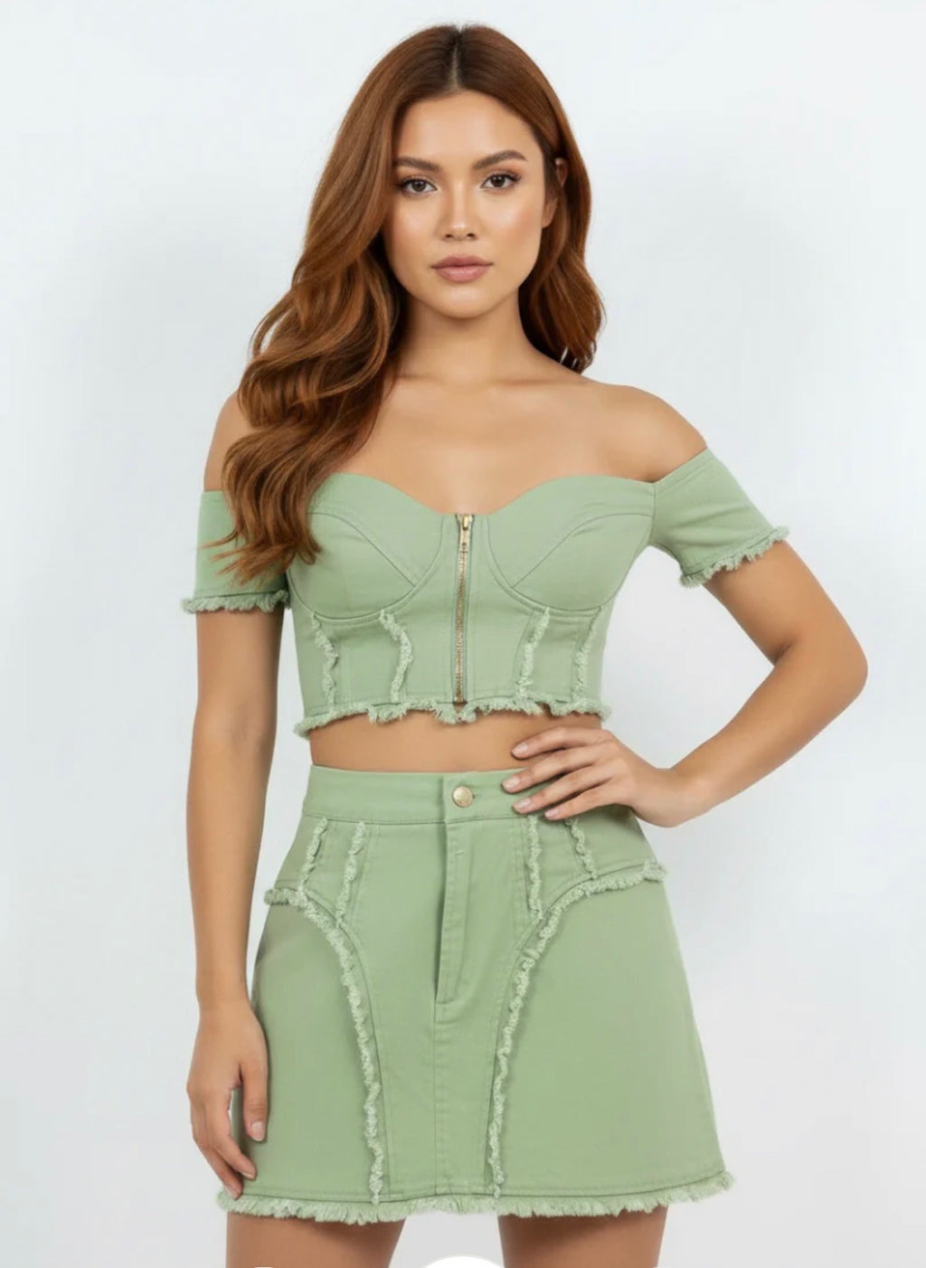 Sage frayed-edge denim two-piece set