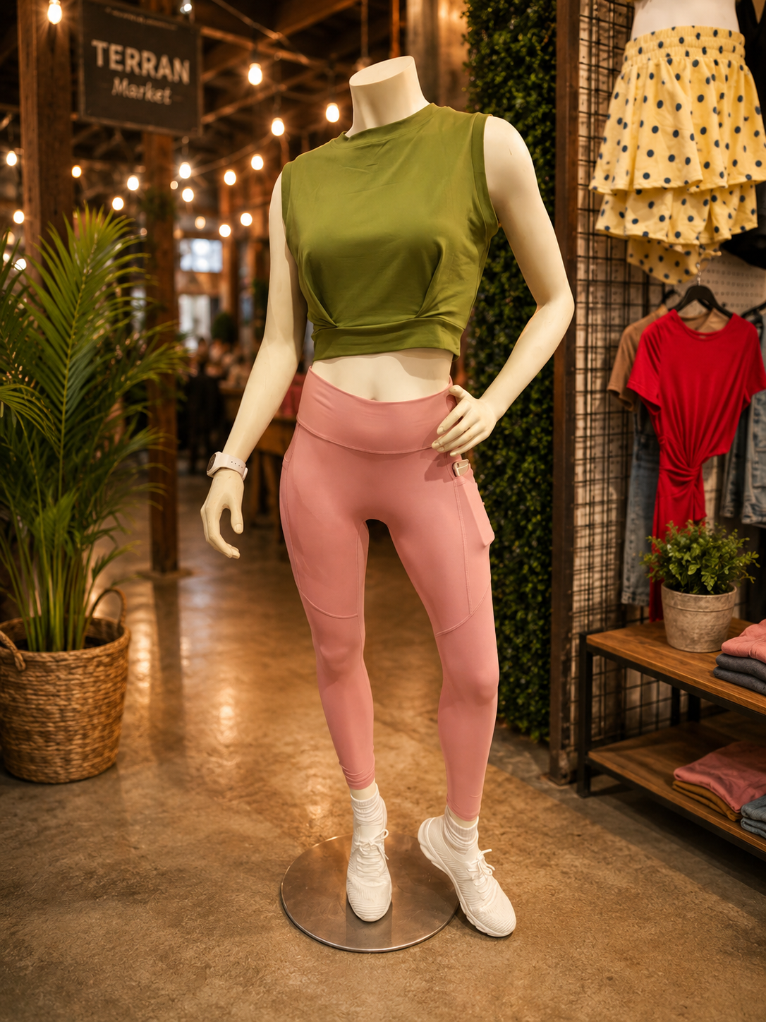 Green Crop Top and Pink Leggings Set